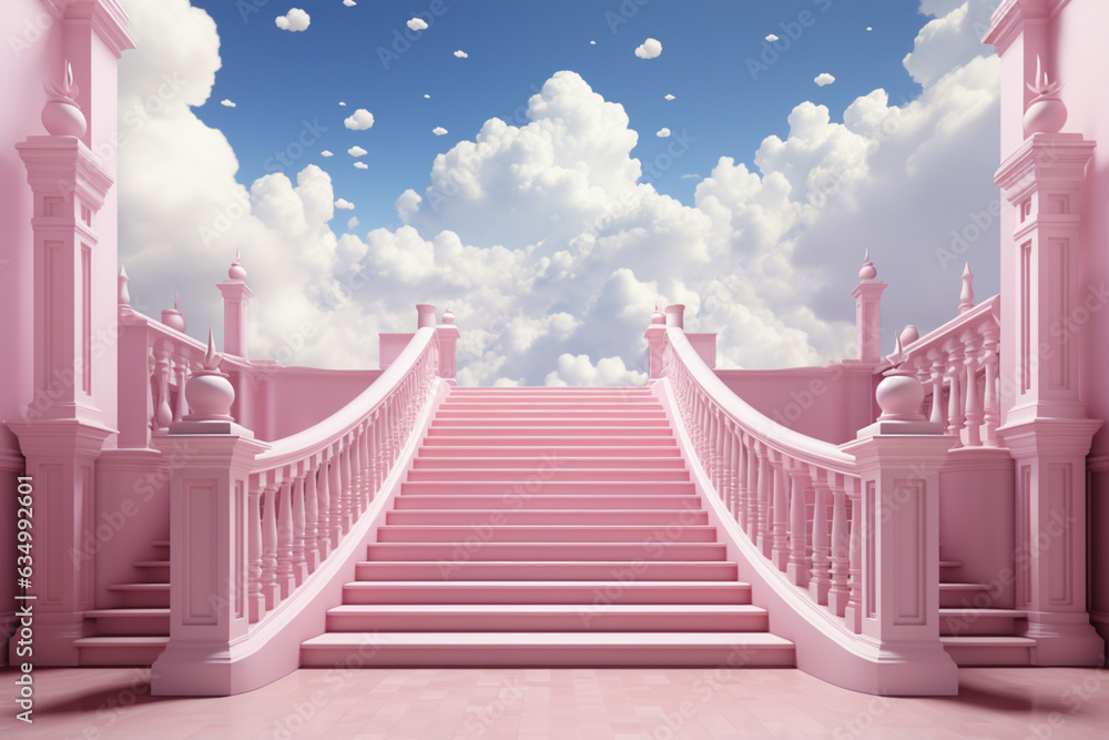 Poster stairs leading to the clouds on pink background generative ai technology.