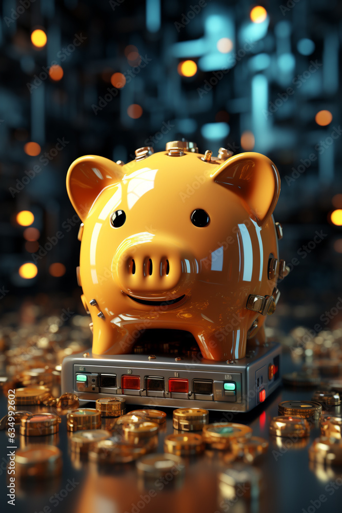 Poster piggy bank plugged into electrical outlet. power saving concept background. generative ai technology