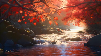 紅葉したカエデの赤い葉と川の流れの秋の風景イラスト