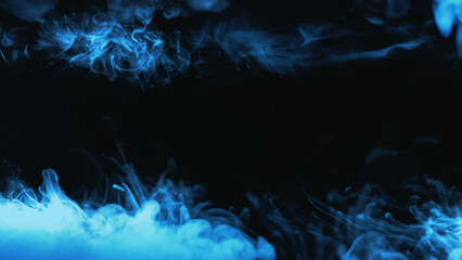 Color vapor. Smoke frame. Cold energy. Neon light blue night mist wave spreading on dark black...