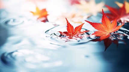 紅葉したカエデの葉が水に浮かぶ秋の風景