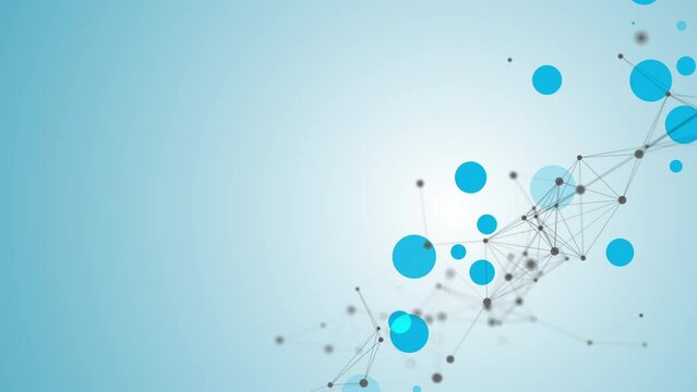 Abstract dynamic movement of a plexus of lines, dots and colored circles on a blue background. Copy space. Technological digital looped animation.