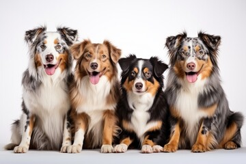 Australian Shepherd Family Foursome Dogs Sitting On A White Background