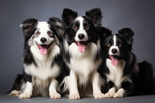 Three Black And White Dogs Sitting Next To Each Other