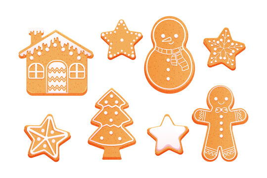 Gingerbread set cute snowman, man, stars, house and christmas tree with icing decoration, seasonal dessert, cookies in cartoon style isolated on white background.