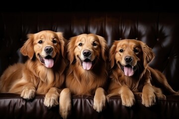 Three Golden Retrievers Sitting On A Brown Leather Couch
