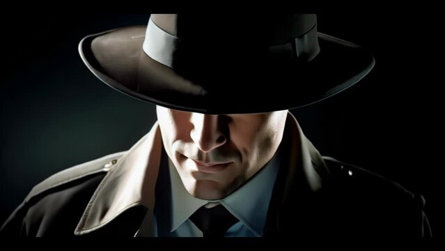 A secret agent in a hat hides his eyes. close-up. dramatic lighting. 