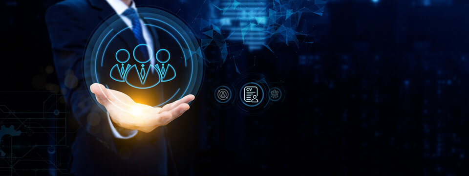 Human resources  HR  Recruitment Team  Staff management   Teamwork  Businessman hold Human Resources on global structure network digital business concept.