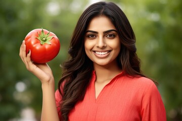 Happy Indian Woman Holds Tomato On White Background