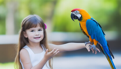 Macaw parrot on the hand of little girl. Pet bird concept.