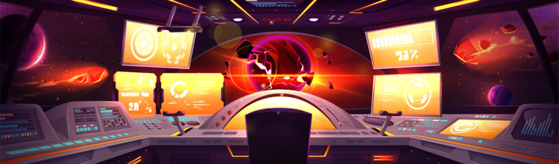 Spaceship cockpit room interior cartoon vector background. Futuristic alien panel control station in nasa spacecraft cabin with window for galaxy view on cosmic flying asteroid and planet explode