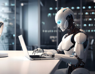 Futuristic robot using computer laptop.