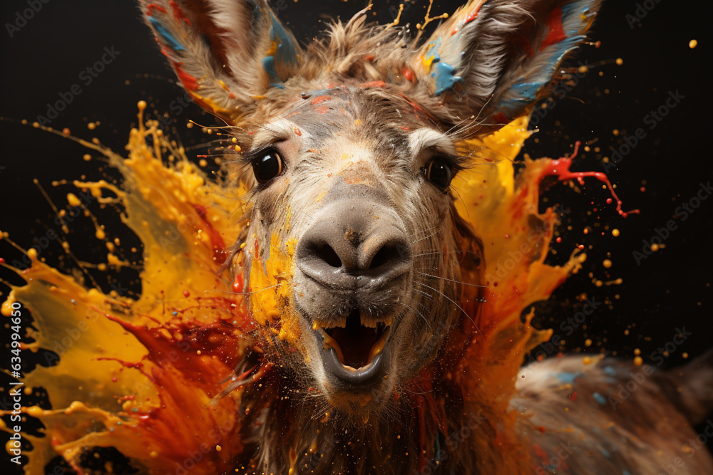 Poster an abstract surreal photograph of a donkey splashed in bright paint, generative ai technology.