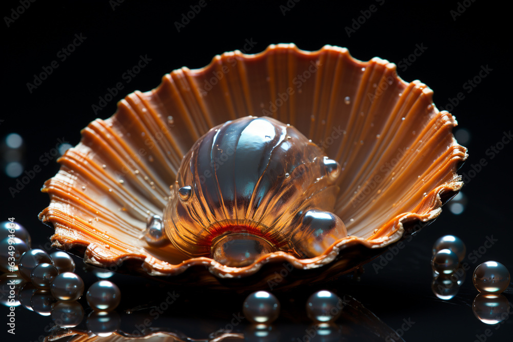 Aufkleber a close-up of a single pearl glistening within a shell against a black backdrop, emphasizing its pur