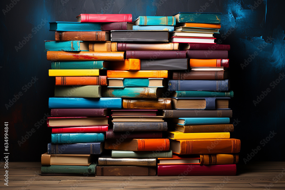 Fototapete Top view on colorful stacked books. Education and learning concept background Generative AI technology.