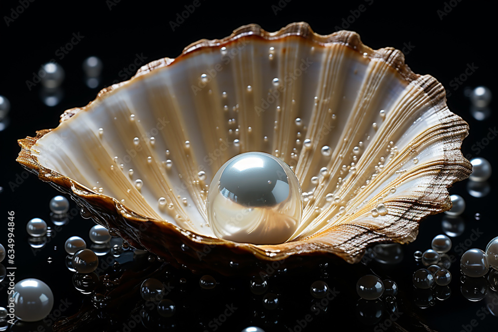 Aufkleber a close-up of a single pearl glistening within a shell against a black backdrop, emphasizing its pur