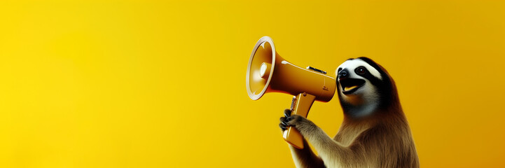 Sloth announcing using hand speaker. Notifying, warning, announcement