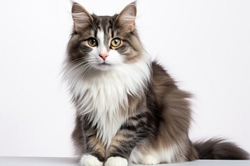 Norwegian Forest Cat Cat Stands On A White Background - obrazy, fototapety, plakaty