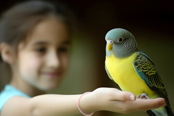 Cute budgie chick on the hand of little girl.  Concept of pet bird.