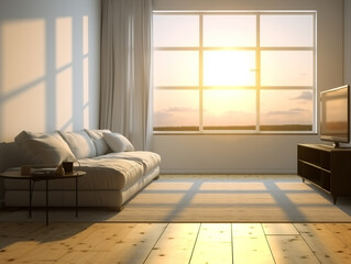 apartment white interior background with sunrise in the window parquet floor for interior design decoration