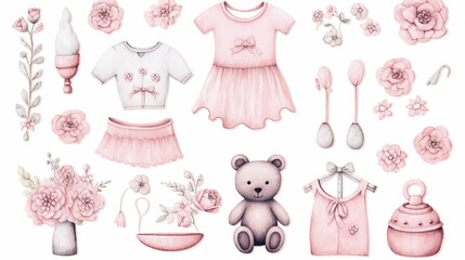 AI generated, illustration, Hand drawn baby girl shower set. cartoon toys, clothes teddy bears isolated on white background. Baby girl set.