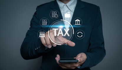 Businessman touch on TAX for Individual income tax return form online for tax payment concept. E-tax, TAXfinancial payment optimisation business finance.