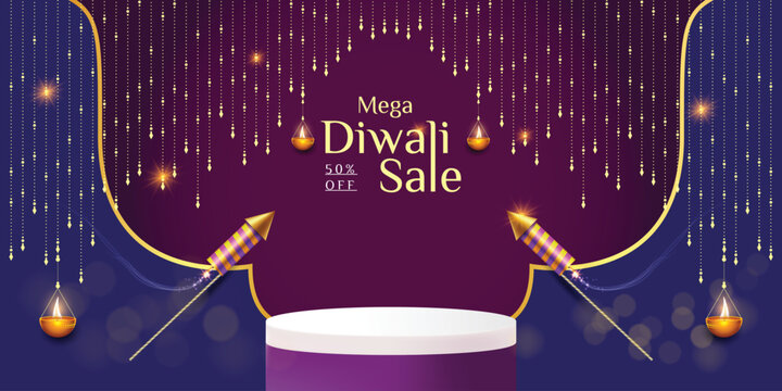 Diwali sale banner template with podium and diwali elements