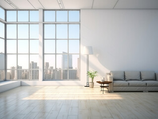 apartment white interior background with sunrise in the window parquet floor for interior design decoration