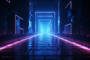 Eerie neon-lit passage extends ahead, culminating in a radiant square of brilliance. Generative AI - obrazy, fototapety, plakaty