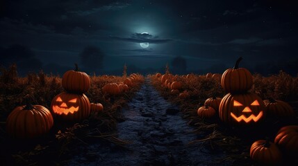 Pumpkins arranged in a patch under a full moon giving a spooky Halloween vibe