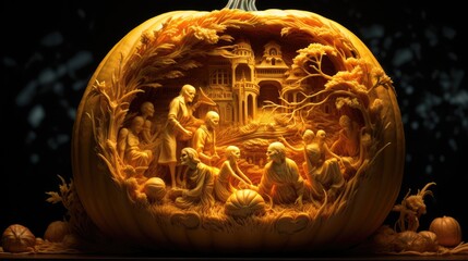 Detailed pumpkin carving showing an intricate scene of witches and ghosts
