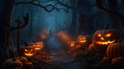 Group of jack-o'-lanterns lighting up a misty forest with a Halloween theme