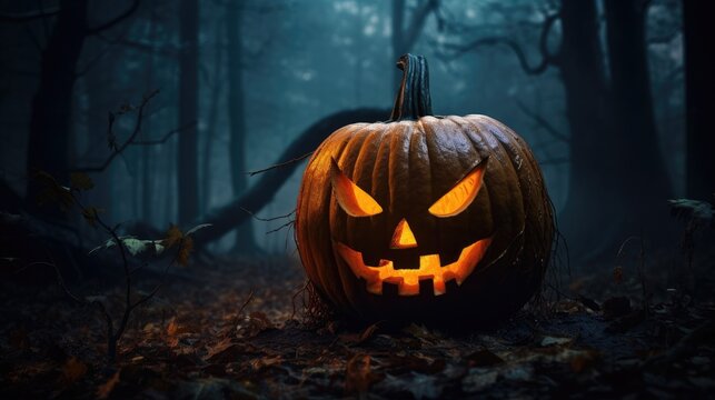 Close up of a carved pumpkin with a scary face glowing in a dark forest