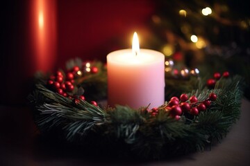 Obraz na płótnie Canvas A lit candle on a Christmas wreath. Generative AI