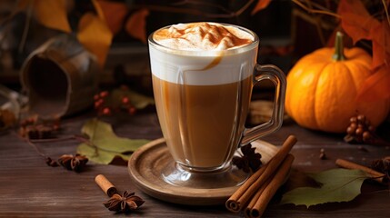 Pumpkin spice latte in a clear glass mug with cinnamon sticks and autumn leaves around