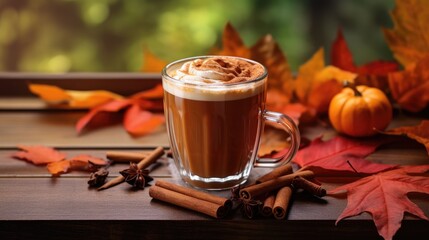 Pumpkin spice latte in a clear glass mug with cinnamon sticks and autumn leaves around