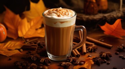 Pumpkin spice latte in a clear glass mug with cinnamon sticks and autumn leaves around