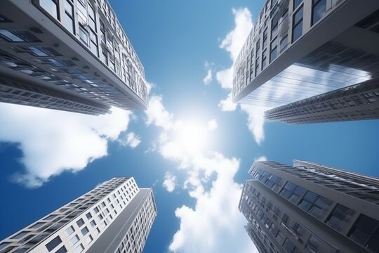 Stunning high-rises against the sky in 3D rendering from below. Generative AI