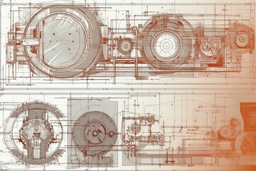Fototapeta na wymiar Vector illustration of an industrial background depicting technical drawings and technology banners. Generative AI