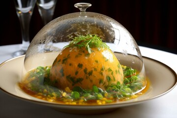 Savory spherical entree bathed in flavorful liquid. Generative AI