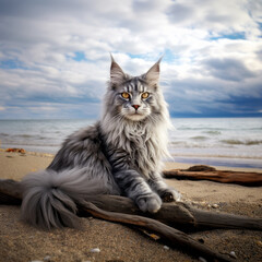 Maine Coon cat on the beach, created with Generative AI