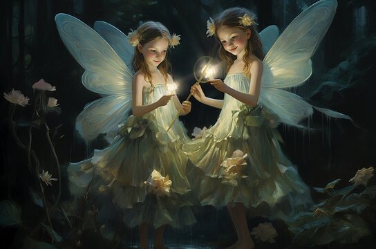 Pintura al &oacute;leo de dos hadas de noche iluminando el bosque con su magia. Pintura al &oacute;leo.