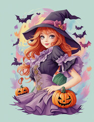 A charming girl as Halloween witch, cartoon style illustration - Generative Ai