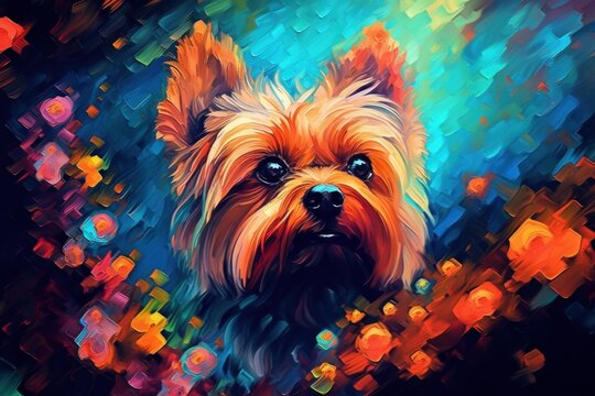 Multi coloured illustration art, the head of a yorkshire terrier dog painted with with splashes and splatters of paint