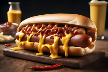 Food photography of delicious hotdog topped with melted cheese, big sausage, onions, well grilled bacon, mustard, dripping red chili relish, toasted buns, large fried French fries on background