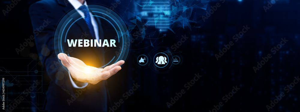 Poster businessman and team work using a webinar e-business browsing connection and cloud online technology