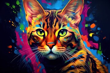 Multi coloured illustration art, the head of a bengal cat painted with with splashes and splatters of paint