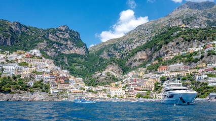 beach and  Positano's city seen from the sea in a summer day. Amalfi coast, Italy.