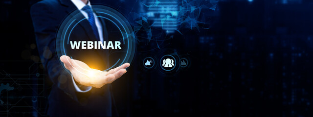 Businessman and team work using a Webinar E-business Browsing Connection and cloud online technology webcast concept, business concept