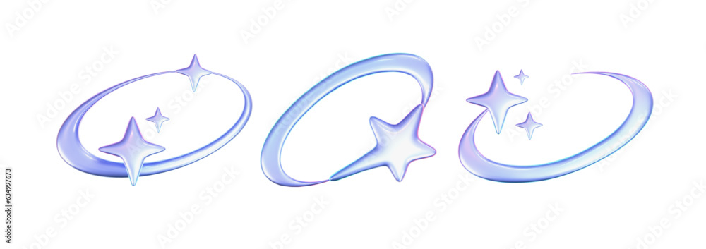 Wall mural 3d holographic stars and planets set in y2k, futuristic style on white background. render 3d cyber c
